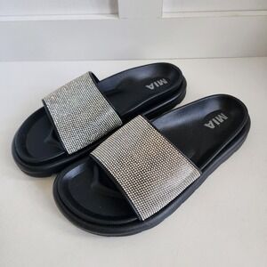 MIA Biz-S Black Rhinestone Embellished Slide Sandals Womens 9 GS1449201S
